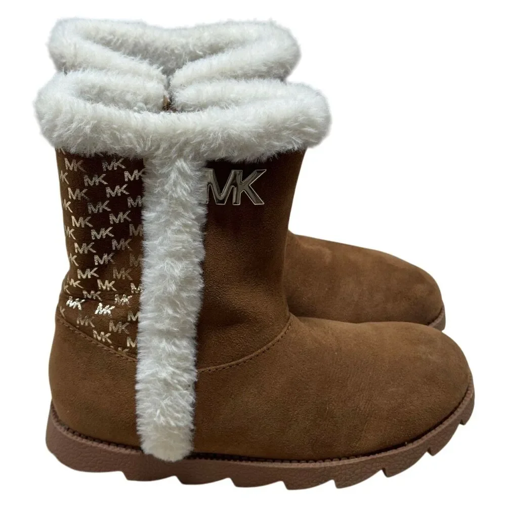 Michael Kors MK Girls Faux Fur Boots Brown Logo Winter Boot Size 1